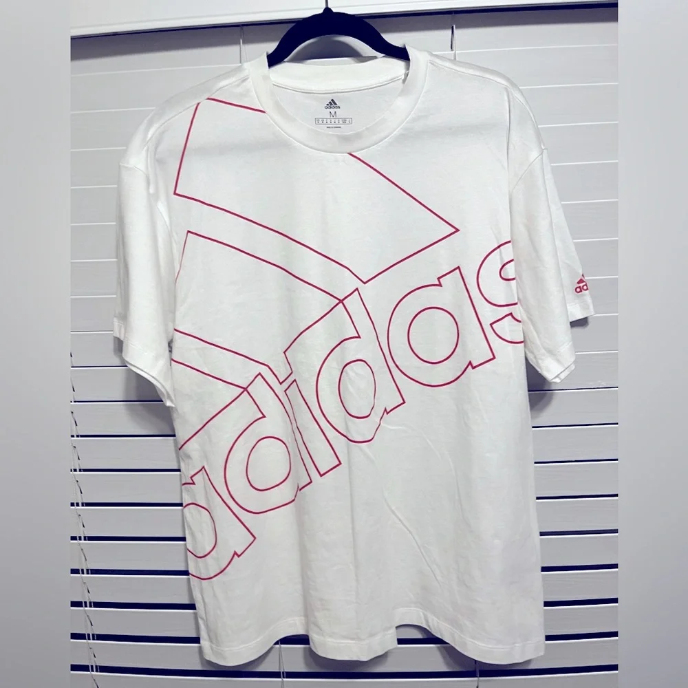 Size M, Adidas, white T-Shirt with red outlined logo letters